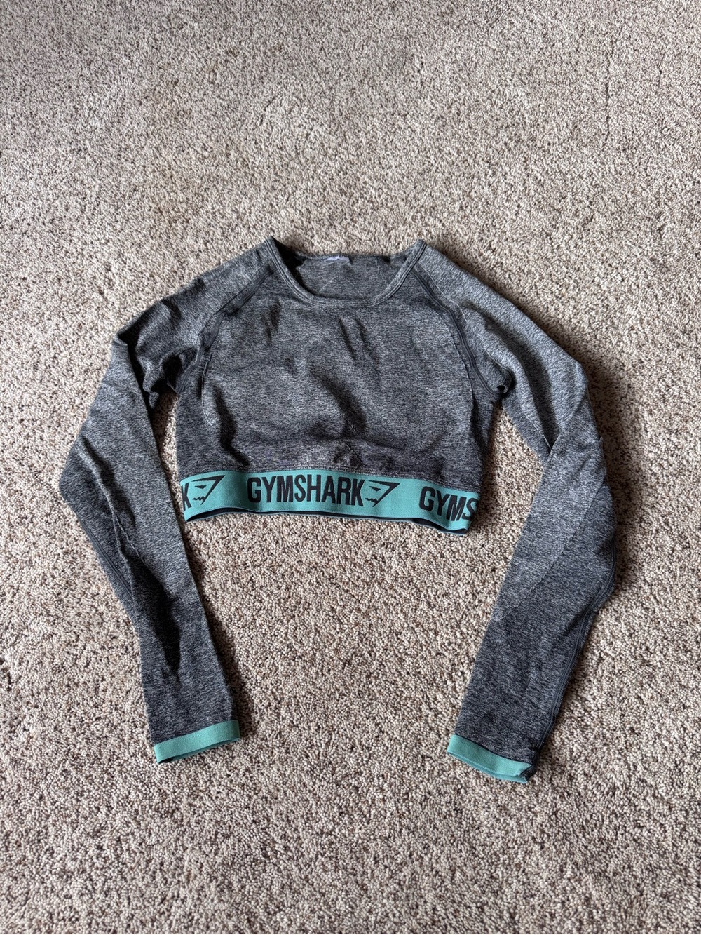 Gymshark Grey Seamless Cropped Long-Sleeve Top with Mint Trim